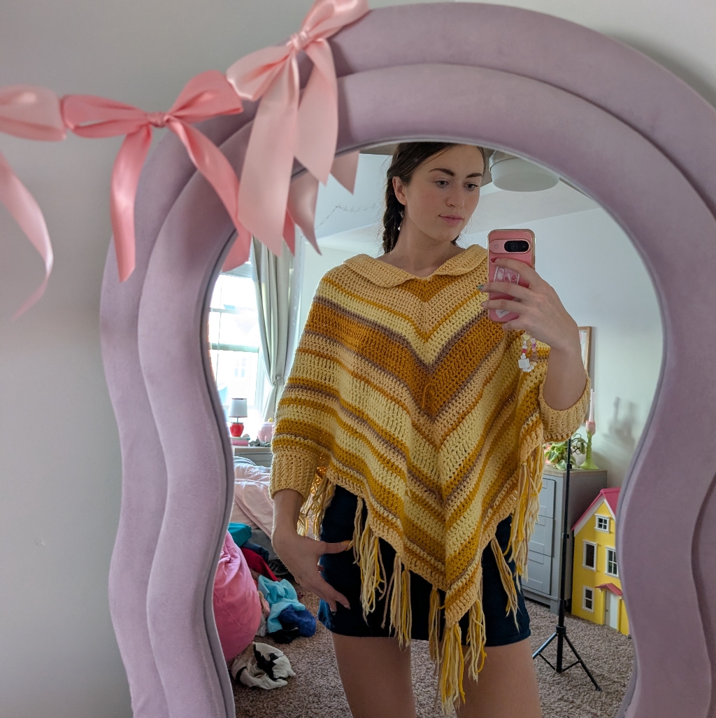 Striped Knit Poncho Sweater One Size - Yellow And Brown